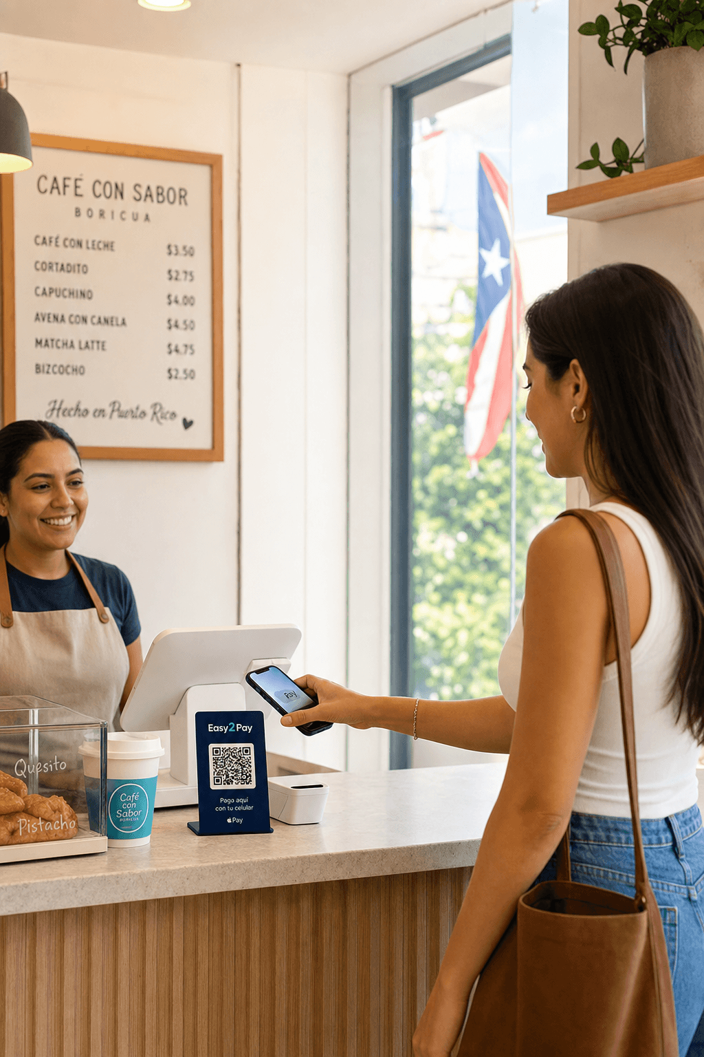 Cliente pagando con Apple Pay en cafetería puertorriqueña iluminada con luz natural, con acentos navy y teal