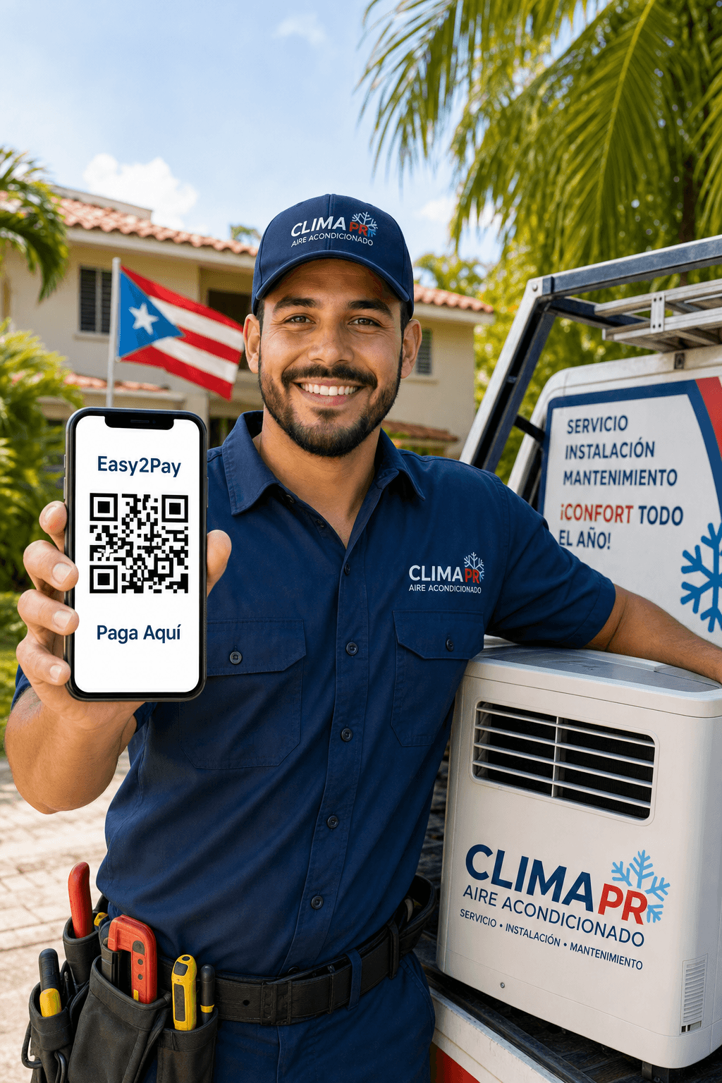 Técnico de aire acondicionado cobrando con QR code - Easy2Pay - Formato vertical para Stories y TikTok