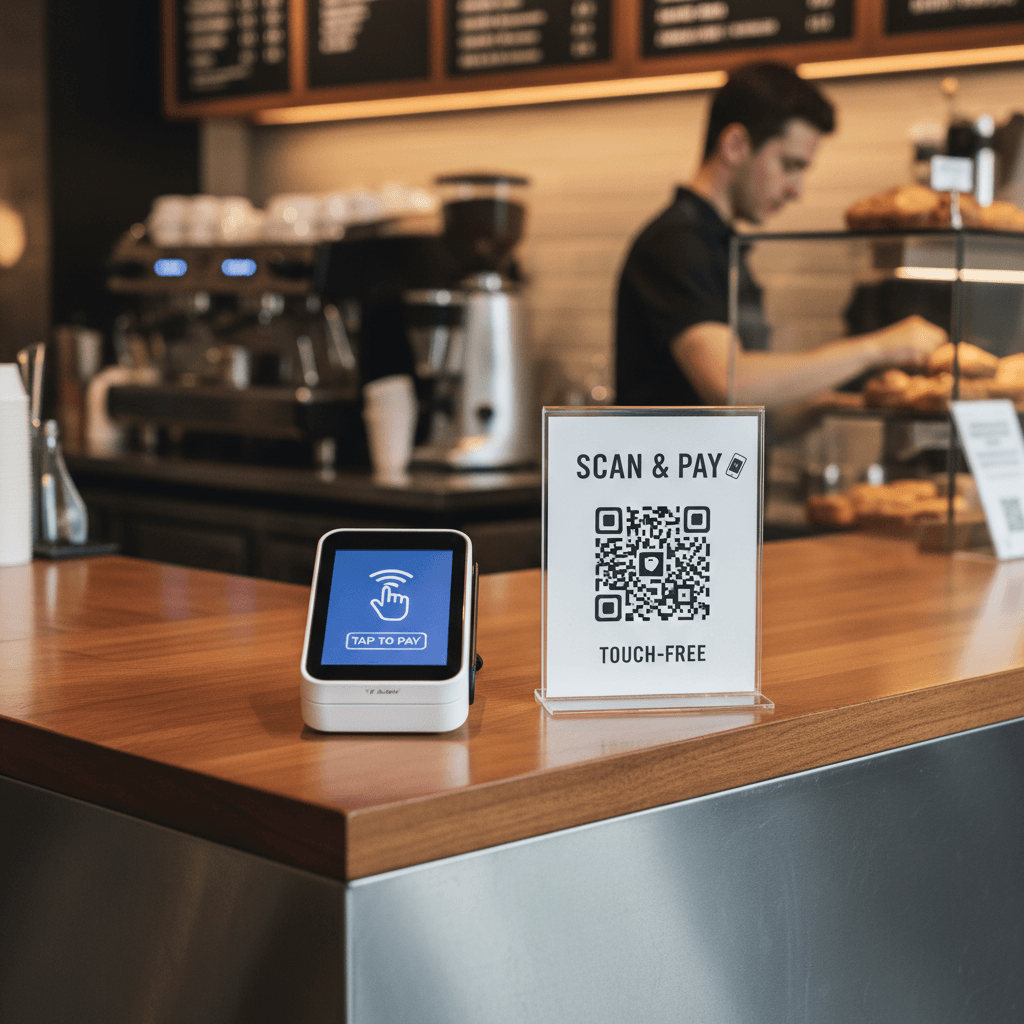 Mostrador de restaurante con terminal de pago sin contacto y código QR