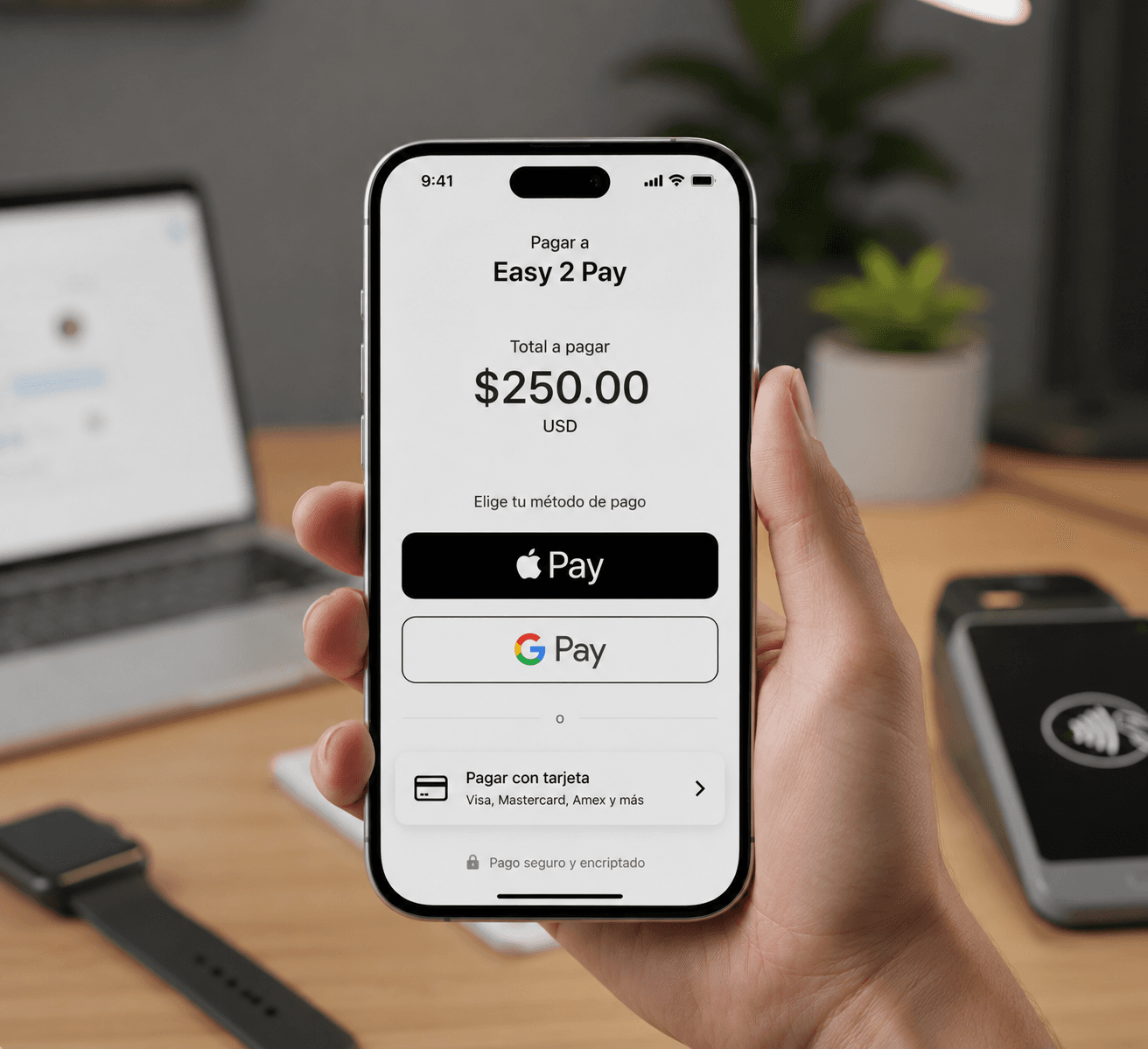 Mano sosteniendo iPhone con pantalla de pago de 250 dólares y opciones de billetera digital.