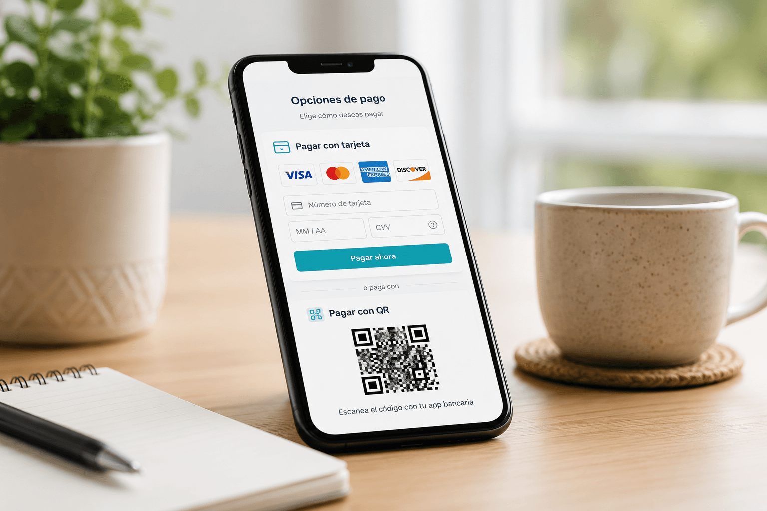Teléfono inteligente con opciones de pago por tarjeta y código QR en un escritorio.